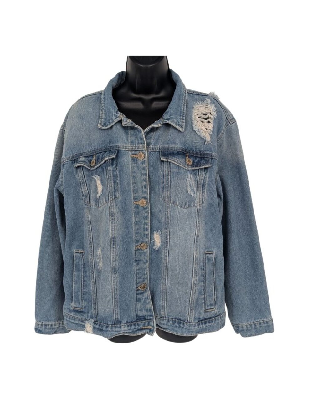 Distressed Denim Trucker Jacket Destroyed Grunge Y2K Streetwear Button Up Large